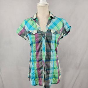 Maurices Womens Snap Up Short Sleeve Shirt Sz Medium Plaid Blue Green Gray Pink